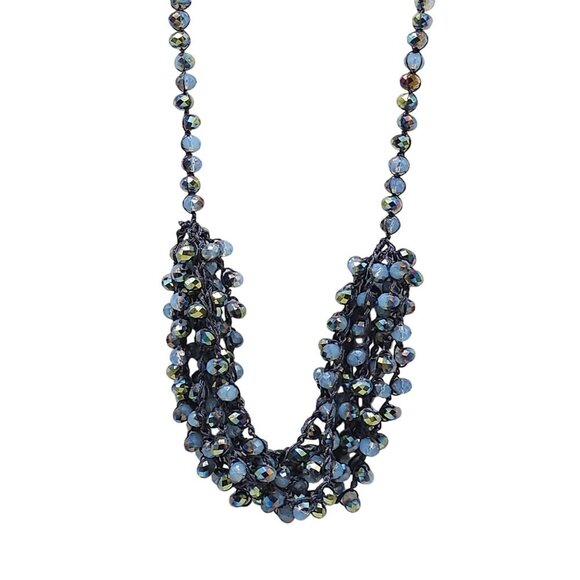 Blue Crystal Statement Crocheted Necklace Jewelry Chunky Jewelry Big Beaded - Picture 1 of 7